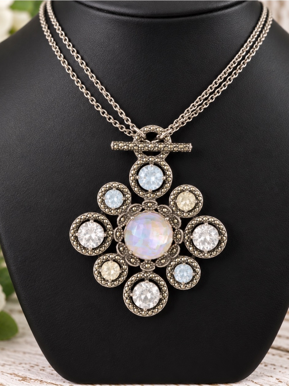 Judith Jack Rare  Sterling Silver Marcasite Pastel Gemstone Statement Necklace